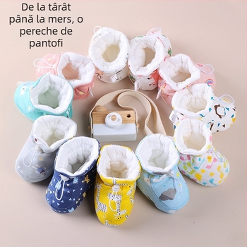 Pantofi pentru copii mici - Părți superioare din bumbac, Groși pentru iarnă/toamnă, Model desene animate, Curea elastică