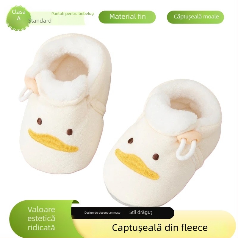 Pantofi de bebe cu talpă moale pentru 6–12 luni, partea superioară din bumbac, căptușeală din flanel, talpă anti-derapantă din pânză, pentru interior, design desen animat toamnă-iarna