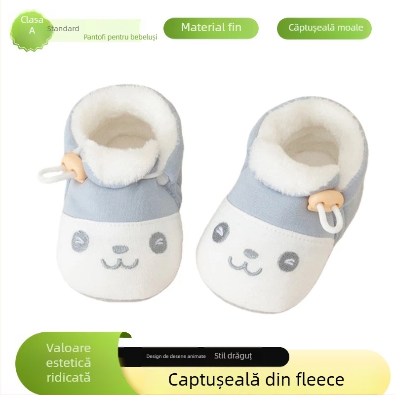 Pantofi de bebe cu talpă moale pentru 6–12 luni, partea superioară din bumbac, căptușeală din flanel, talpă anti-derapantă din pânză, pentru interior, design desen animat toamnă-iarna