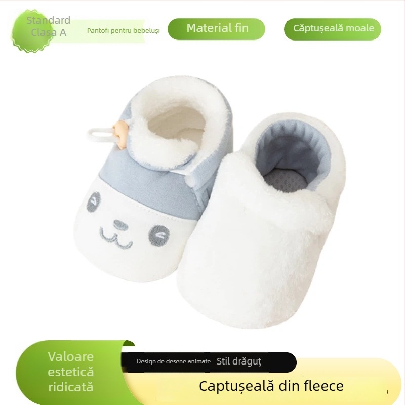 Pantofi de bebe cu talpă moale pentru 6–12 luni, partea superioară din bumbac, căptușeală din flanel, talpă anti-derapantă din pânză, pentru interior, design desen animat toamnă-iarna