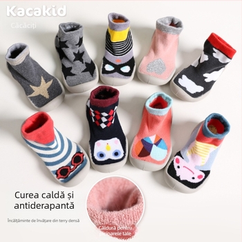 Pantofi de interior antiderapanti pentru bebeluși și copii mici – bumbac, model cu dungi și desene animate, pentru 1–3 ani