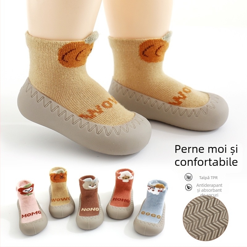 Pantofi interior pentru bebeluși și copii mici: anti-alunecare, impermeabili, respirabili, talpă din cauciuc moale; partea superioară din bumbac pieptănat; pentru 12–36 de luni