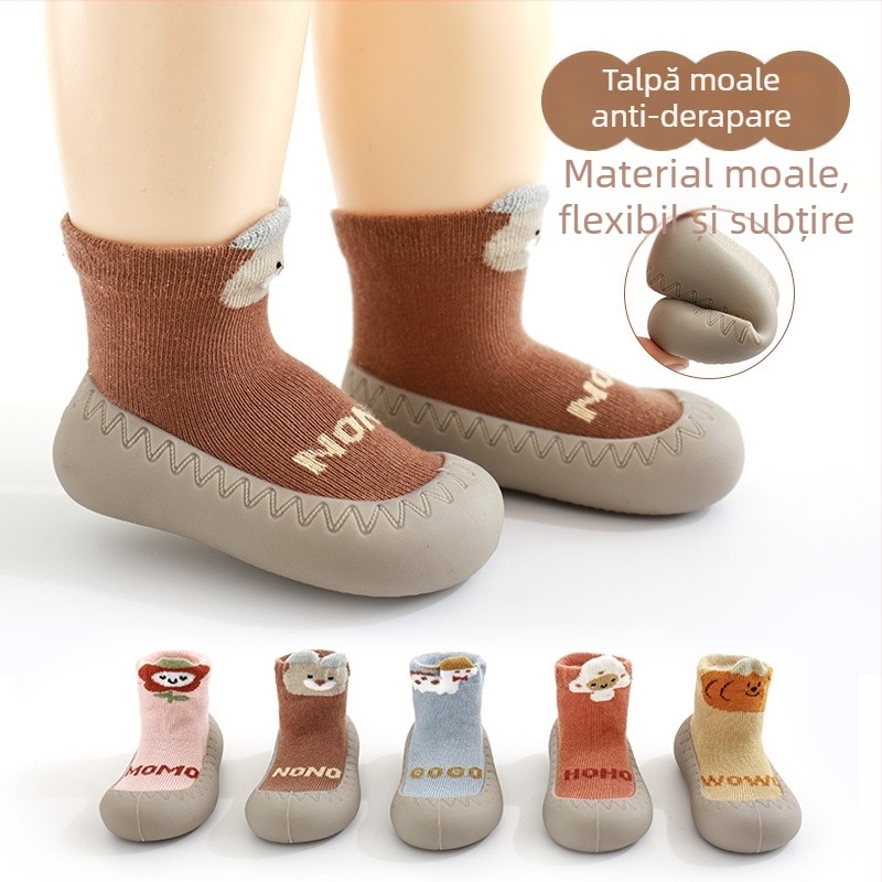 Pantofi interior pentru bebeluși și copii mici: anti-alunecare, impermeabili, respirabili, talpă din cauciuc moale; partea superioară din bumbac pieptănat; pentru 12–36 de luni