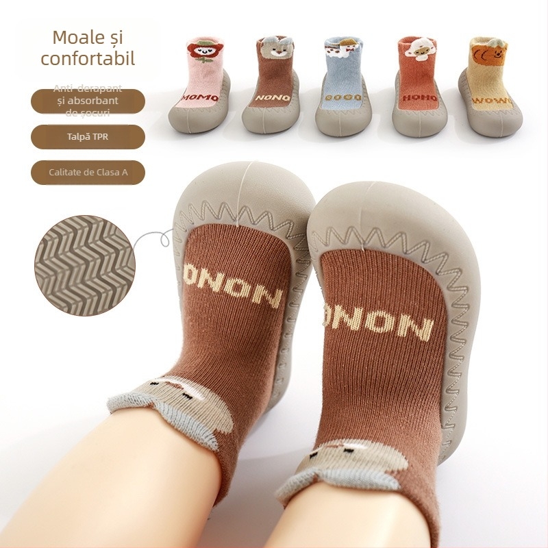 Pantofi interior pentru bebeluși și copii mici: anti-alunecare, impermeabili, respirabili, talpă din cauciuc moale; partea superioară din bumbac pieptănat; pentru 12–36 de luni