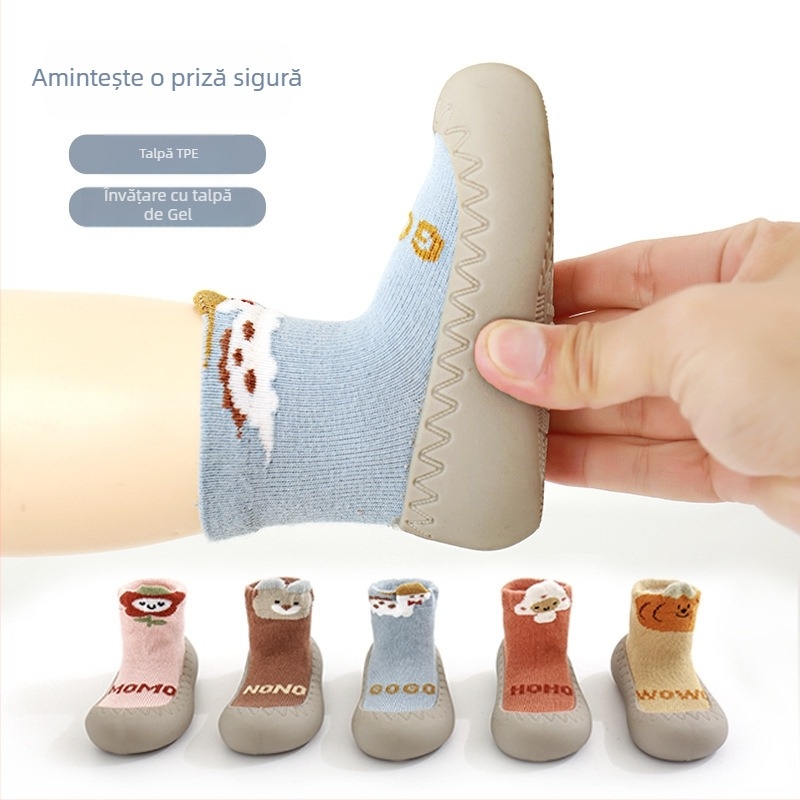 Pantofi interior pentru bebeluși și copii mici: anti-alunecare, impermeabili, respirabili, talpă din cauciuc moale; partea superioară din bumbac pieptănat; pentru 12–36 de luni