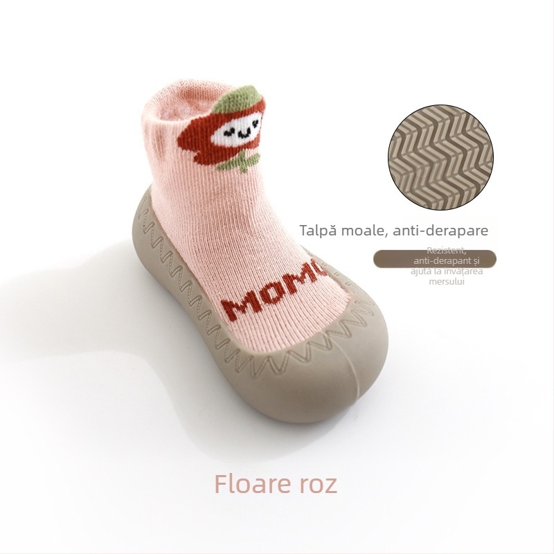Pantofi interior pentru bebeluși și copii mici: anti-alunecare, impermeabili, respirabili, talpă din cauciuc moale; partea superioară din bumbac pieptănat; pentru 12–36 de luni