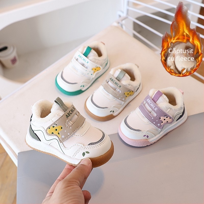 Pantofi pentru copii mici – Iarnă, căptușeală din fleece, partea superioară din piele microfibră, închidere cu Velcro, Unisex, model desen animat, 12–36 luni