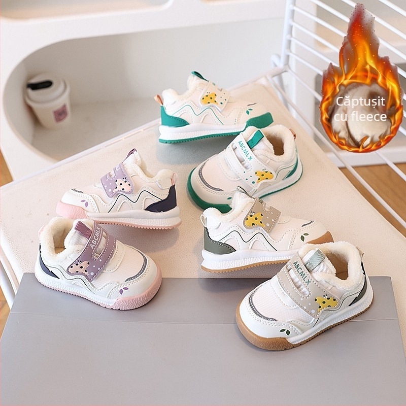 Pantofi pentru copii mici – Iarnă, căptușeală din fleece, partea superioară din piele microfibră, închidere cu Velcro, Unisex, model desen animat, 12–36 luni