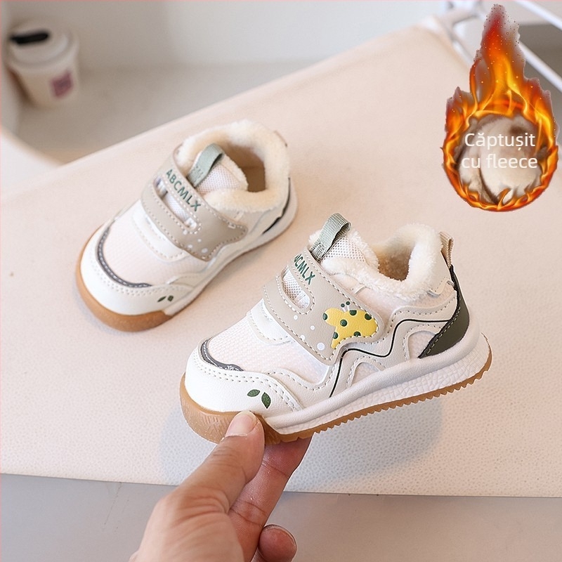 Pantofi pentru copii mici – Iarnă, căptușeală din fleece, partea superioară din piele microfibră, închidere cu Velcro, Unisex, model desen animat, 12–36 luni