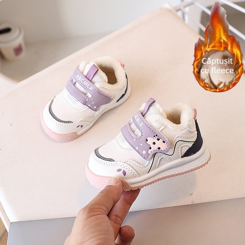 Pantofi pentru copii mici – Iarnă, căptușeală din fleece, partea superioară din piele microfibră, închidere cu Velcro, Unisex, model desen animat, 12–36 luni
