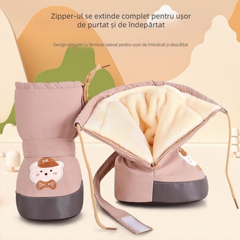 Pantofi bebeluși cu talpă moale, partea superioară din PU, căptușeală Arctic velvet, înălțime hi-top, cu model desen animat
