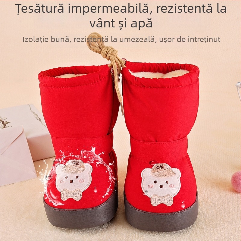 Pantofi bebeluși cu talpă moale, partea superioară din PU, căptușeală Arctic velvet, înălțime hi-top, cu model desen animat