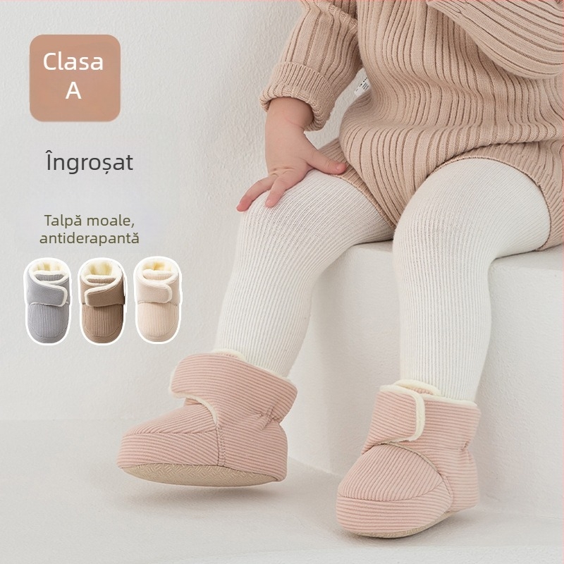 Pantofi-șosete pentru bebeluși cu Velcro, exterior din fleece coral/polar fleece, talpă complexă, vârsta 6–12 luni