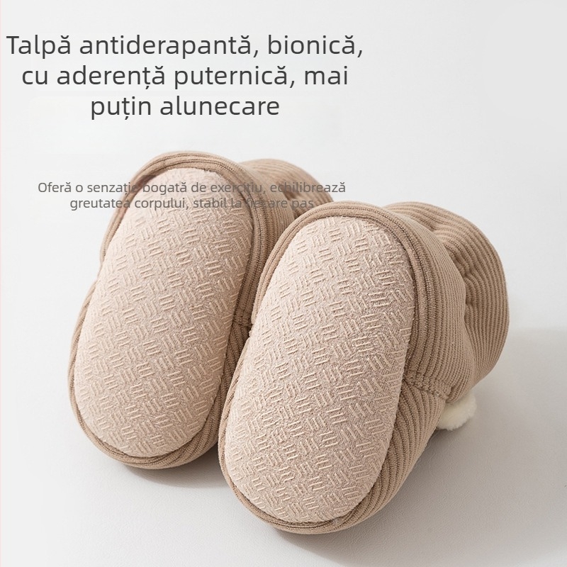 Pantofi-șosete pentru bebeluși cu Velcro, exterior din fleece coral/polar fleece, talpă complexă, vârsta 6–12 luni