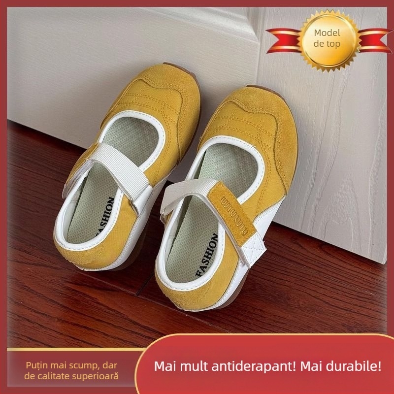 Pantofi Mary Jane pentru copii, închidere Velcro, din piele artificială, vârf pătrat, model cu dungi, talpă din cauciuc