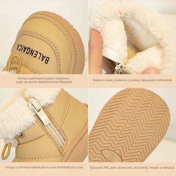Ghete de iarnă pentru copii mici, căptușite cu fleece, din microfibră, impermeabile, antiderapante, înalte, fermoar lateral, pentru 12–36 luni