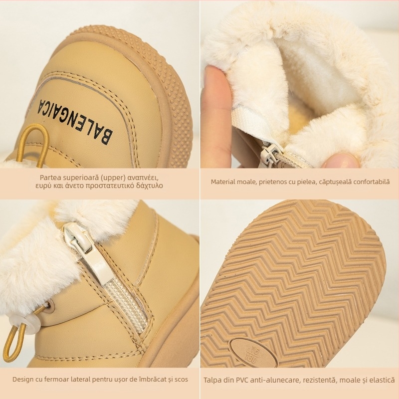 Ghete de iarnă pentru copii mici, căptușite cu fleece, din microfibră, impermeabile, antiderapante, înalte, fermoar lateral, pentru 12–36 luni