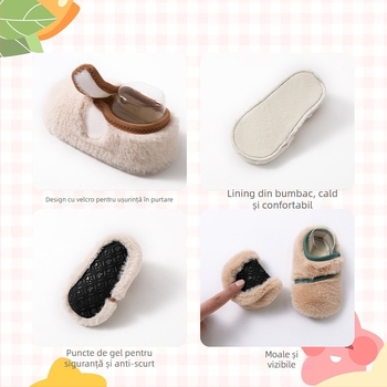 Pantofi-șosete pentru copii pentru uz interior, cu căptușeală din blană de iepure, groși, talie joasă, stil desen animat, pentru 12–36 de luni, iarnă primăvară toamnă, mențin căldura, rezistenți, șterg podeaua