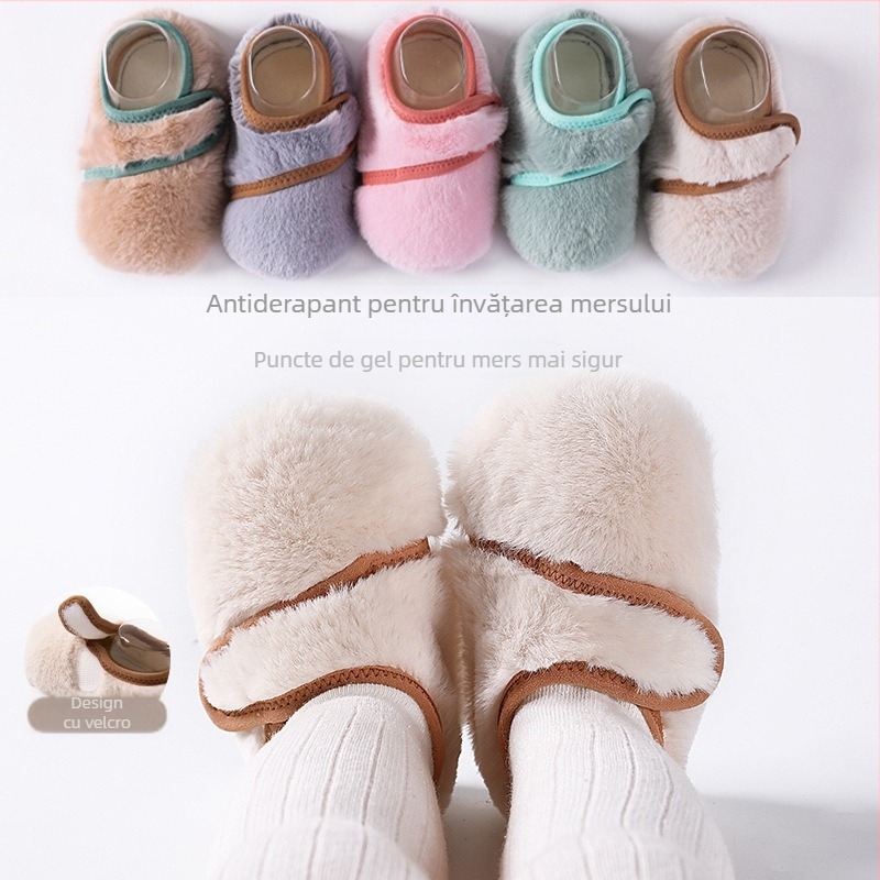 Pantofi-șosete pentru copii pentru uz interior, cu căptușeală din blană de iepure, groși, talie joasă, stil desen animat, pentru 12–36 de luni, iarnă primăvară toamnă, mențin căldura, rezistenți, șterg podeaua