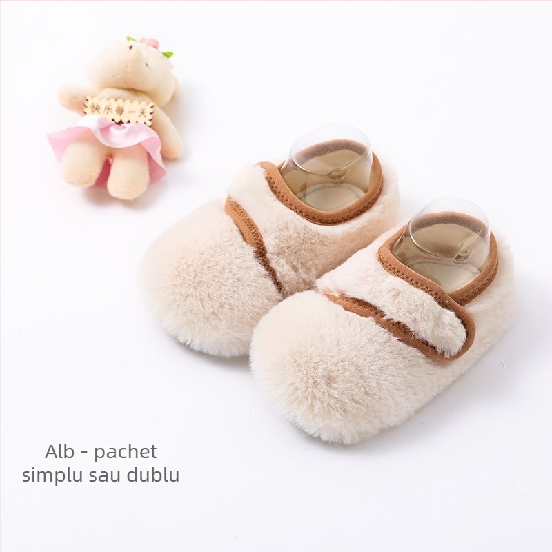 Pantofi-șosete pentru copii pentru uz interior, cu căptușeală din blană de iepure, groși, talie joasă, stil desen animat, pentru 12–36 de luni, iarnă primăvară toamnă, mențin căldura, rezistenți, șterg podeaua