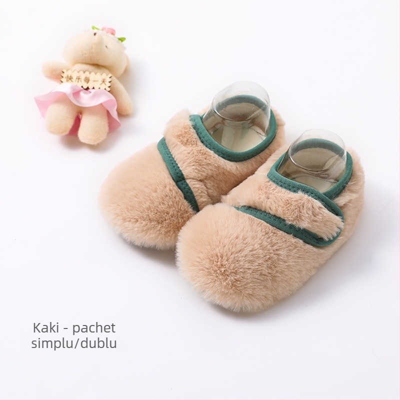 Pantofi-șosete pentru copii pentru uz interior, cu căptușeală din blană de iepure, groși, talie joasă, stil desen animat, pentru 12–36 de luni, iarnă primăvară toamnă, mențin căldura, rezistenți, șterg podeaua