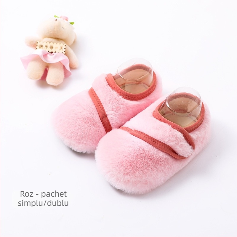 Pantofi-șosete pentru copii pentru uz interior, cu căptușeală din blană de iepure, groși, talie joasă, stil desen animat, pentru 12–36 de luni, iarnă primăvară toamnă, mențin căldura, rezistenți, șterg podeaua
