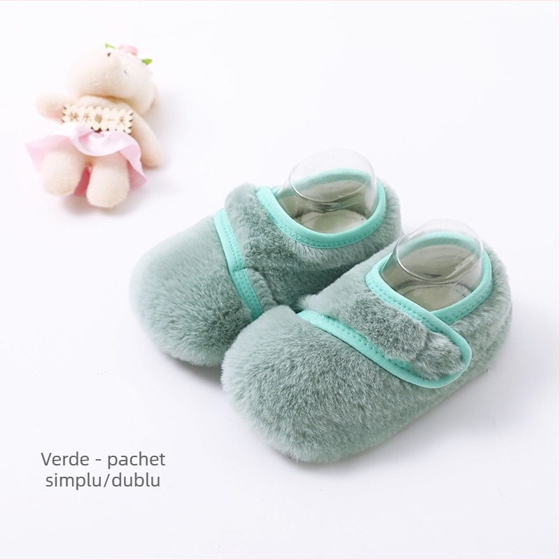 Pantofi-șosete pentru copii pentru uz interior, cu căptușeală din blană de iepure, groși, talie joasă, stil desen animat, pentru 12–36 de luni, iarnă primăvară toamnă, mențin căldura, rezistenți, șterg podeaua