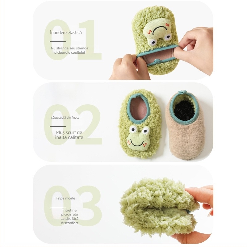 Pantofi interior pentru copii mici, talpă moale, antiderapant, căptuțiți cu fleece, închidere elastică