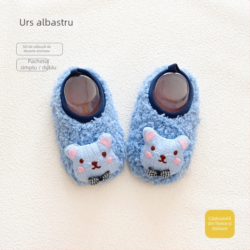 Pantofi interior pentru copii mici, talpă moale, antiderapant, căptuțiți cu fleece, închidere elastică