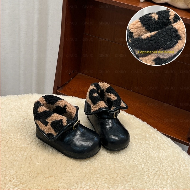 Ghete din piele pentru fete, căptușite cu fleece, închidere Velcro, talpă groasă, botine de iarnă pentru 6–36 de luni