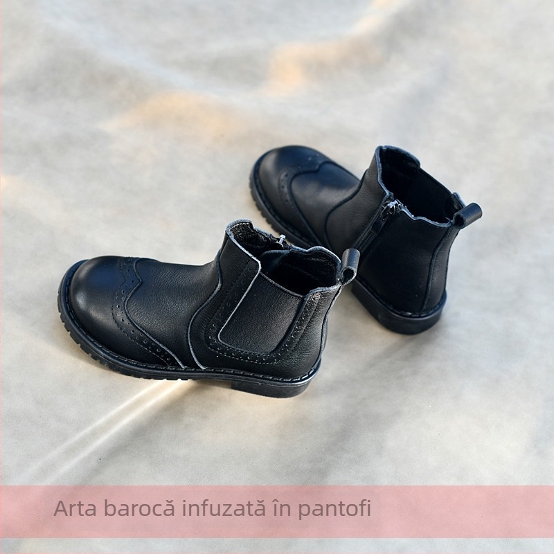 Ghete Martin pentru copii, din piele de vițel, talpă din cauciuc, stil prințesă, fermoar lateral, înălțime joasă