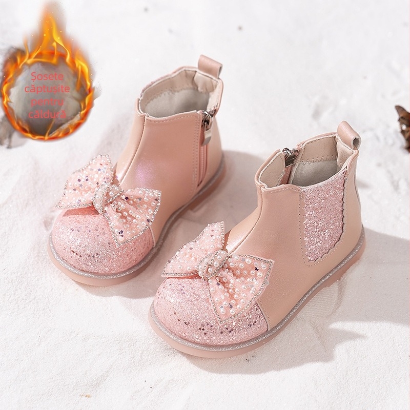 Bocanci Martin pentru fete, fermoar lateral, exterior din piele microfibră, talpă PVC, branț din piele artificială, gleznă joasă