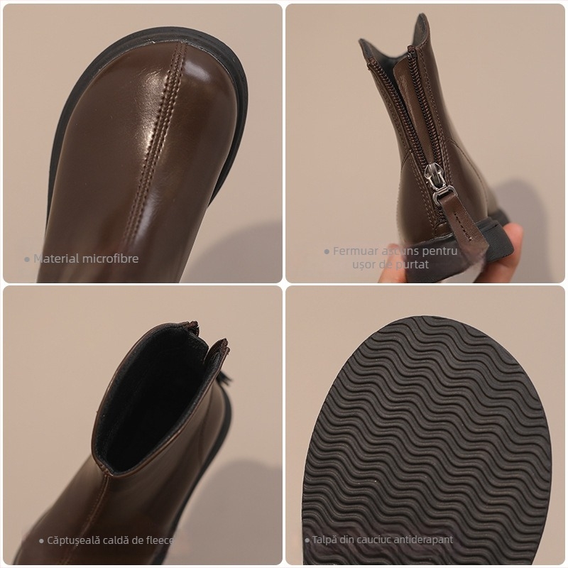 Ghete pentru fete, stil Martin, căptușite cu fleece, partea superioară din microfibră, talpă din cauciuc, fermoar pe spate, înălime până la gambe medii