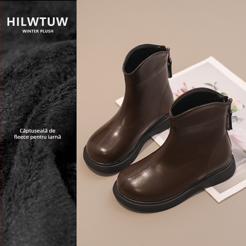 Ghete pentru fete, stil Martin, căptușite cu fleece, partea superioară din microfibră, talpă din cauciuc, fermoar pe spate, înălime până la gambe medii