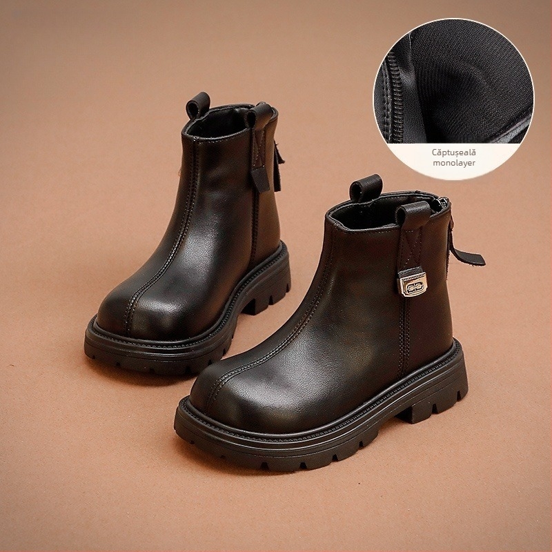 Ghete Martin pentru fete, căptușite cu fleece, fermoar pe spate, branț EVA, talpă din cauciuc, glezna joasă, culoare solidă, pentru fete 4–16 ani, lansare toamnă 2025