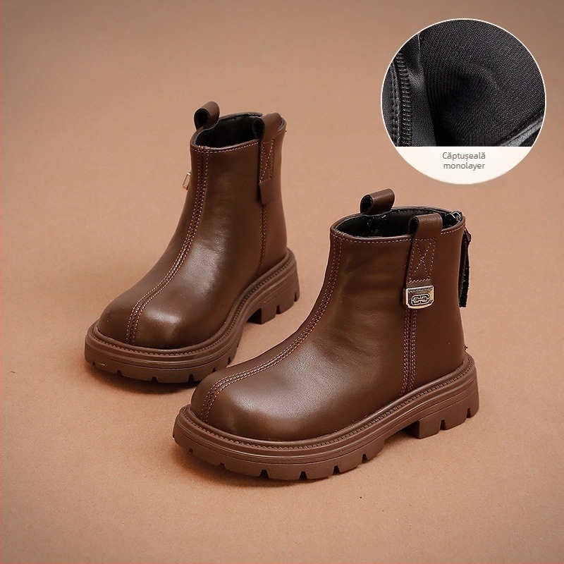 Ghete Martin pentru fete, căptușite cu fleece, fermoar pe spate, branț EVA, talpă din cauciuc, glezna joasă, culoare solidă, pentru fete 4–16 ani, lansare toamnă 2025