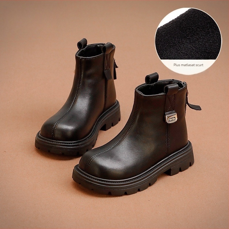 Ghete Martin pentru fete, căptușite cu fleece, fermoar pe spate, branț EVA, talpă din cauciuc, glezna joasă, culoare solidă, pentru fete 4–16 ani, lansare toamnă 2025