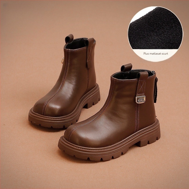 Ghete Martin pentru fete, căptușite cu fleece, fermoar pe spate, branț EVA, talpă din cauciuc, glezna joasă, culoare solidă, pentru fete 4–16 ani, lansare toamnă 2025