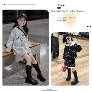 Cizme înalte pentru fetițe, model 2025, partea superioară din piele sintetică, talpă din cauciuc, fermoar pe spate, calde și antiderapante, pentru vârste 4–16 ani