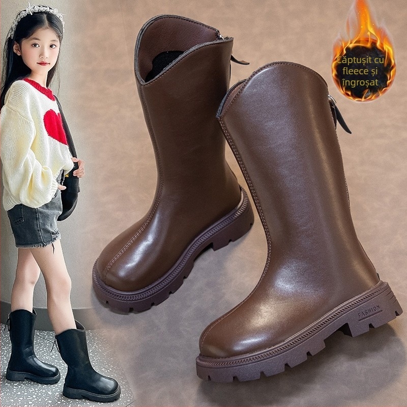 Cizme înalte pentru fetițe, model 2025, partea superioară din piele sintetică, talpă din cauciuc, fermoar pe spate, calde și antiderapante, pentru vârste 4–16 ani