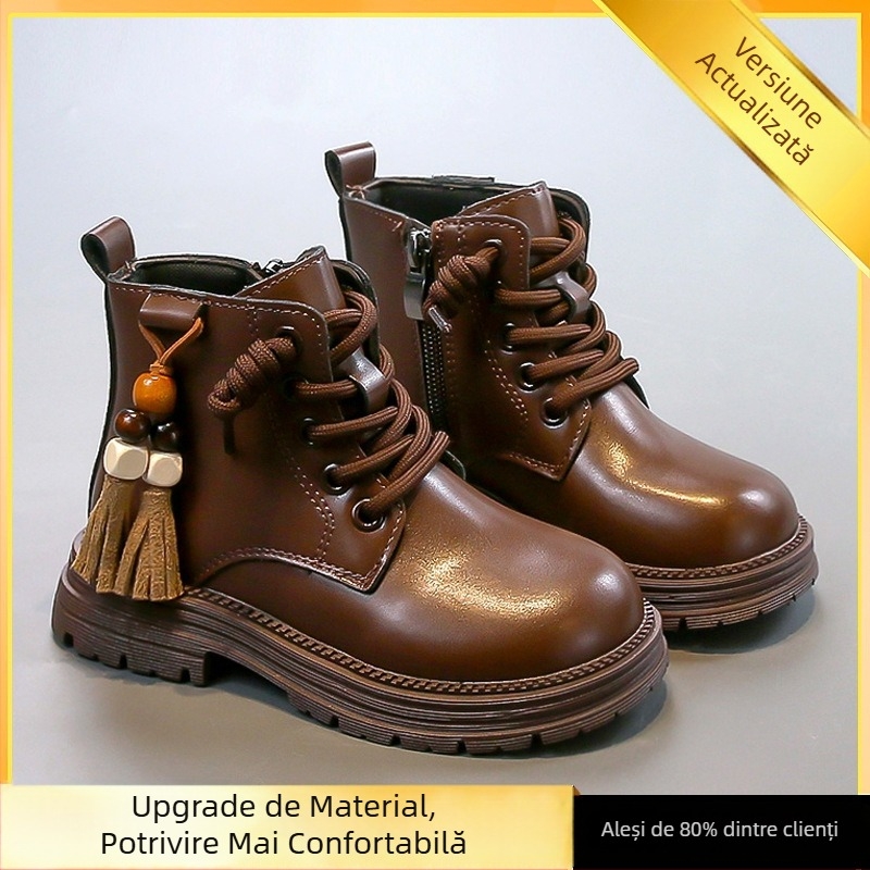 Ghete Martin pentru fete, exterior din piele de microfibră, înălțime până la gambe, talpă din cauciuc, fermoar lateral, model desen animat