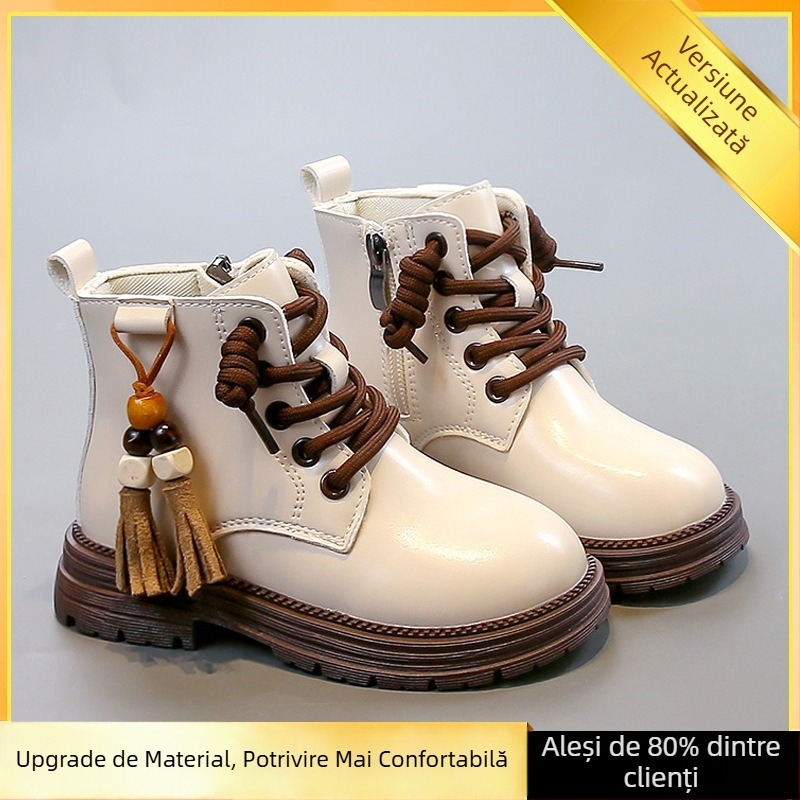 Ghete Martin pentru fete, exterior din piele de microfibră, înălțime până la gambe, talpă din cauciuc, fermoar lateral, model desen animat