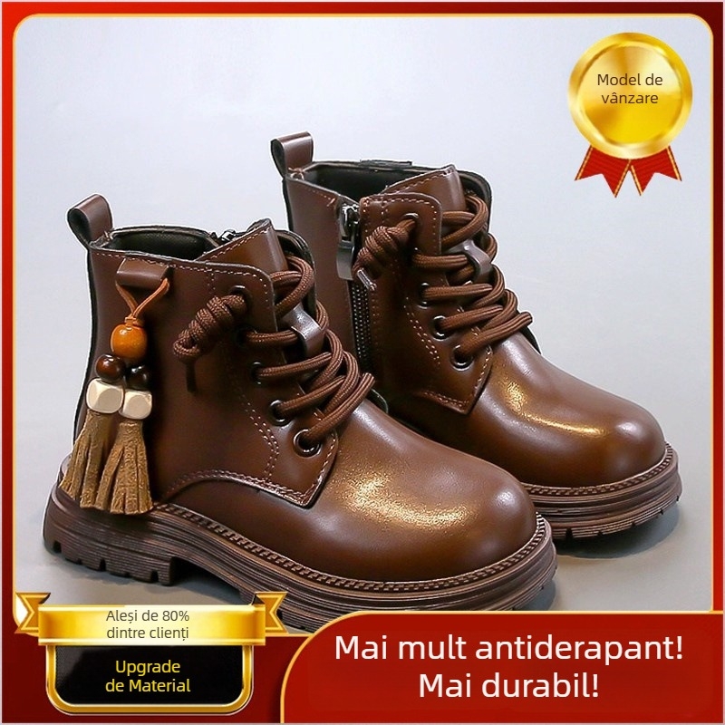 Ghete Martin pentru fete, exterior din piele de microfibră, înălțime până la gambe, talpă din cauciuc, fermoar lateral, model desen animat