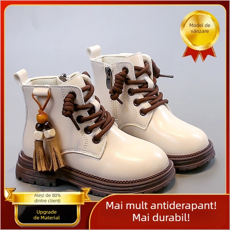 Ghete Martin pentru fete, exterior din piele de microfibră, înălțime până la gambe, talpă din cauciuc, fermoar lateral, model desen animat