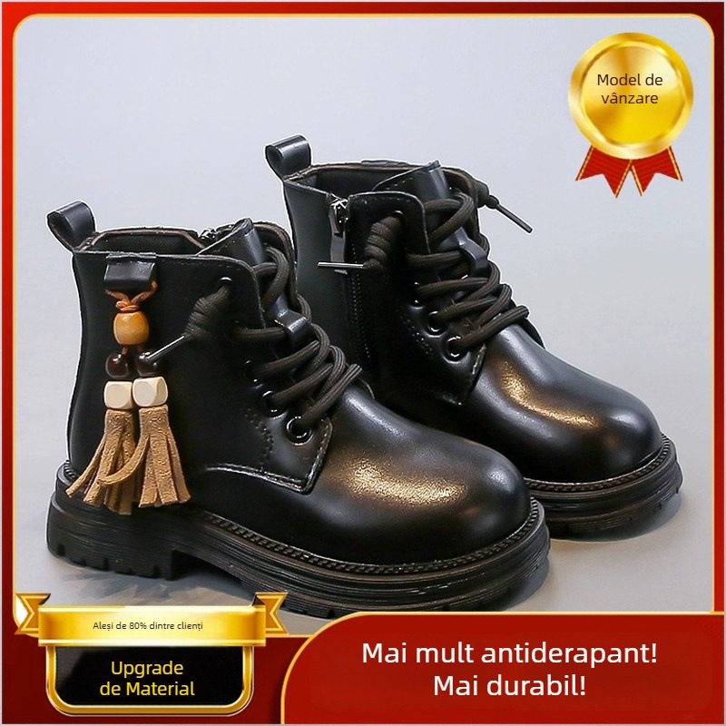 Ghete Martin pentru fete, exterior din piele de microfibră, înălțime până la gambe, talpă din cauciuc, fermoar lateral, model desen animat