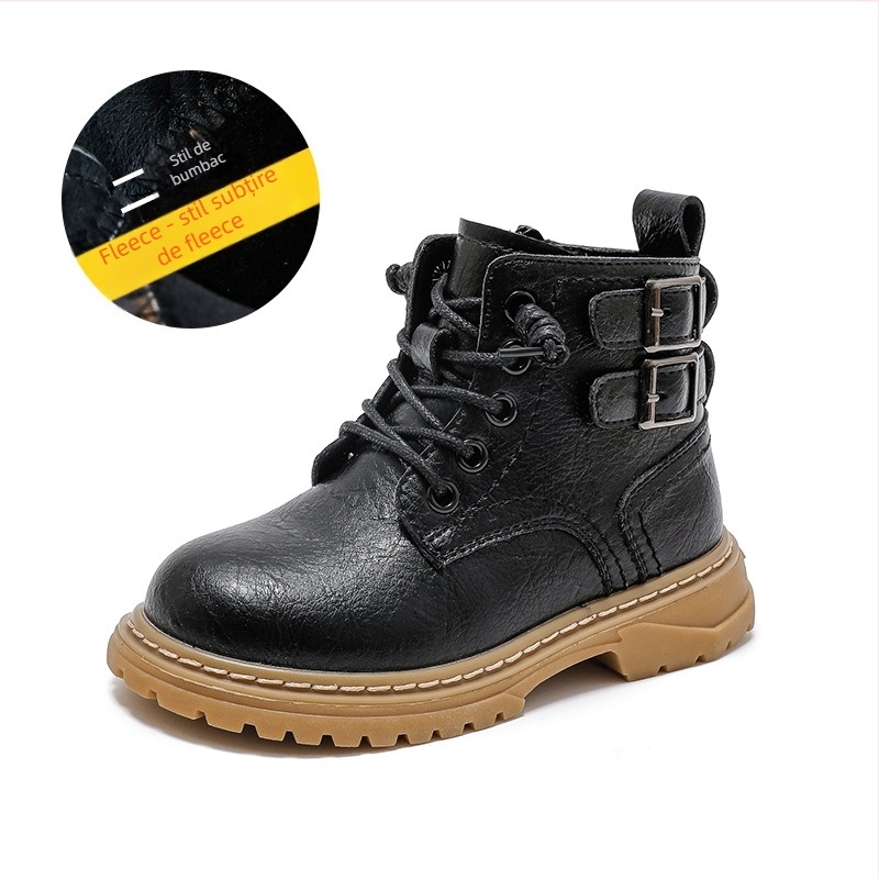 Ghete Martin pentru copii băieți, partea superioară din piele, căptușeală din blană artificială, impermeabile, talpă antiderapantă, fermoar lateral