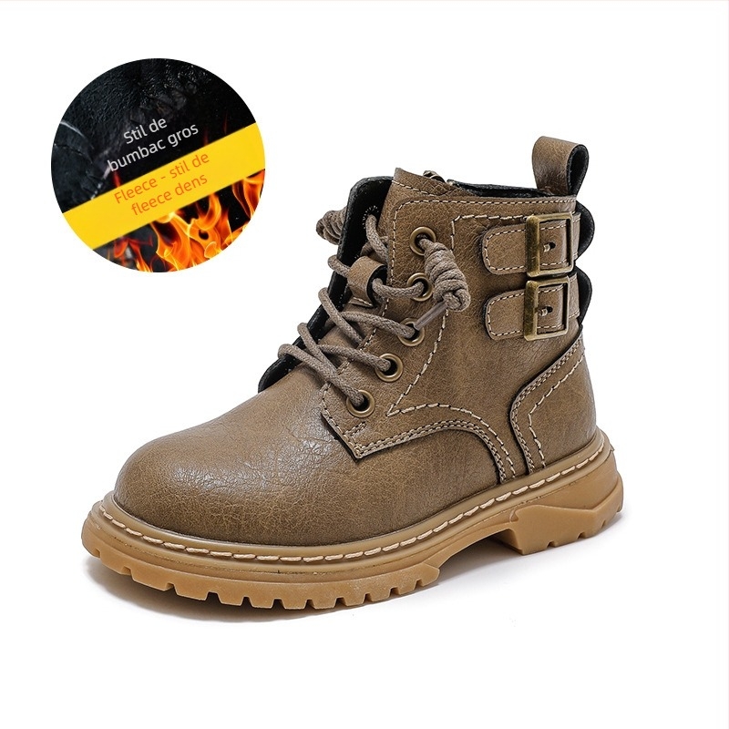 Ghete Martin pentru copii băieți, partea superioară din piele, căptușeală din blană artificială, impermeabile, talpă antiderapantă, fermoar lateral