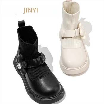 Cizme pentru copii din piele split, stil prințesă, curea peste podul piciorului, căptușeală PU și branț PU, talpă din cauciuc