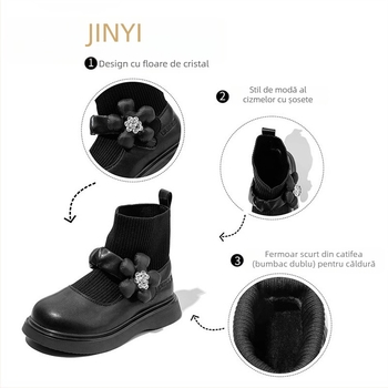 Cizme pentru copii din piele split, stil prințesă, curea peste podul piciorului, căptușeală PU și branț PU, talpă din cauciuc