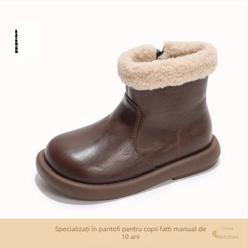 Ghete de iarnă pentru fetițe, cu căptușeală pufoasă, partea superioară din piele artificială, talpă din cauciuc, branț PU, fermoar lateral